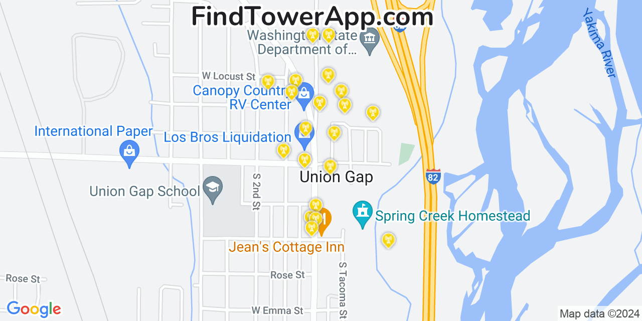 AT&T 4G/5G cell tower coverage map Union Gap, Washington