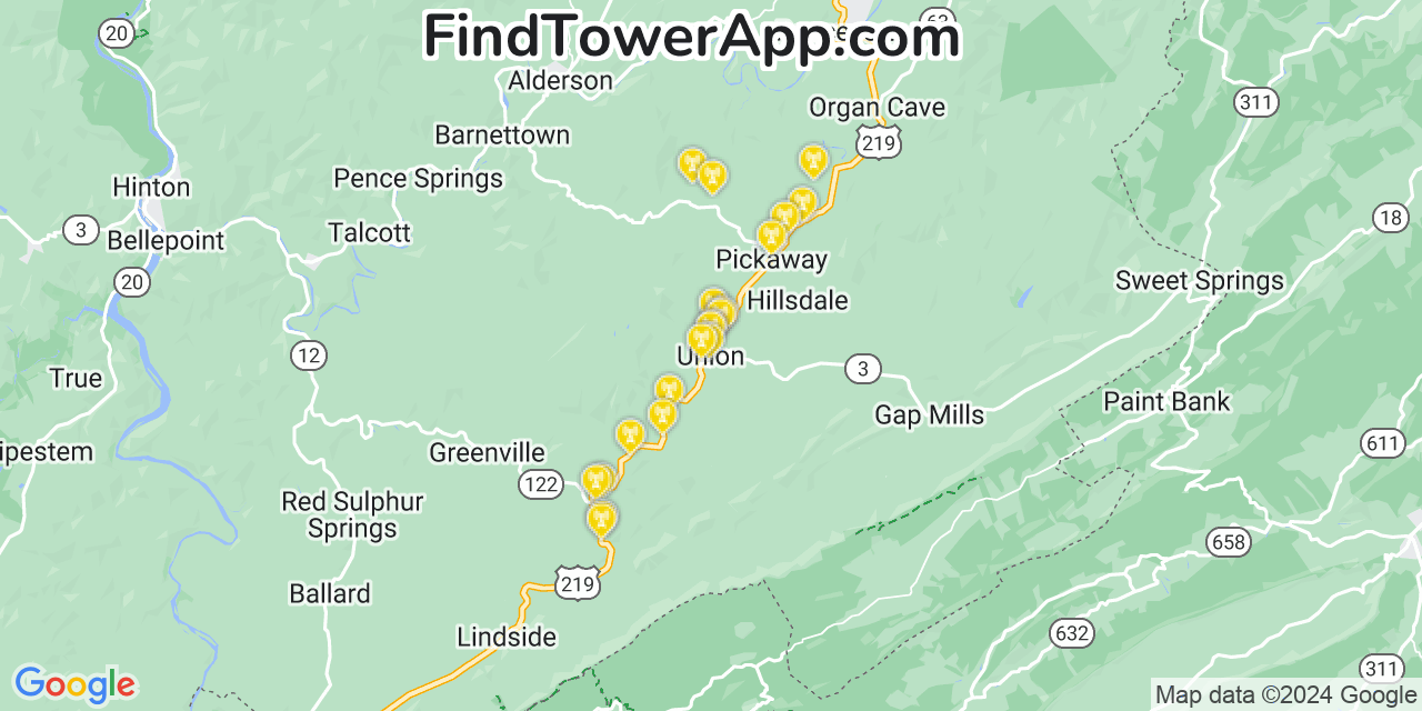AT&T 4G/5G cell tower coverage map Union, West Virginia