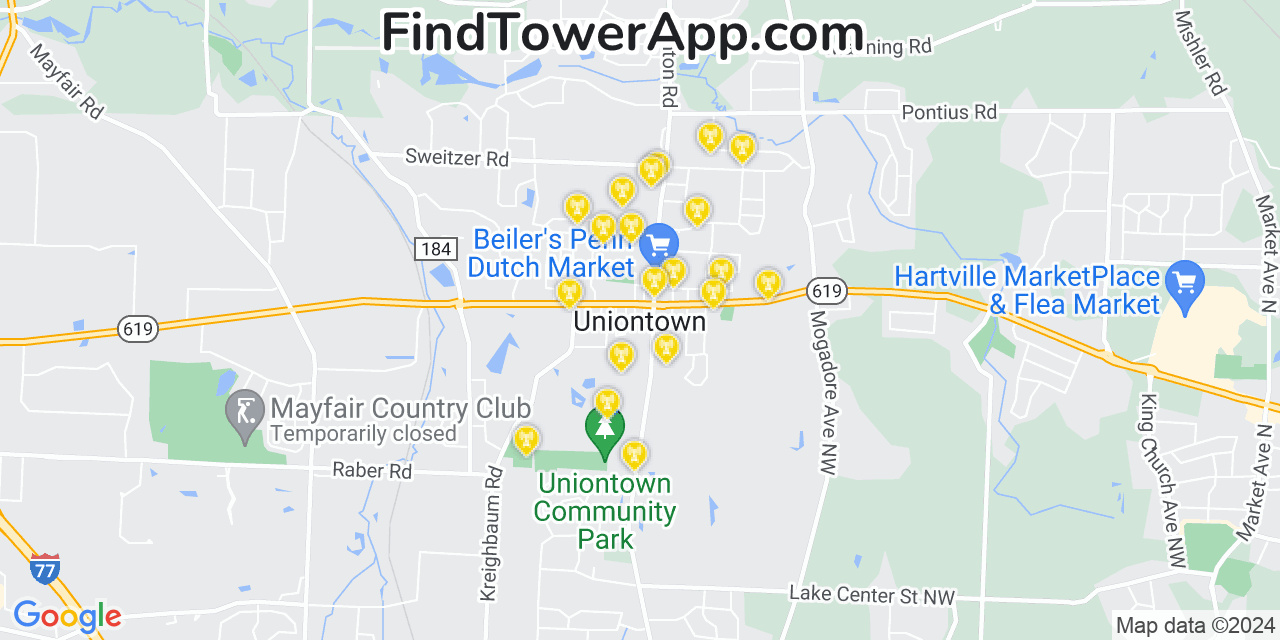 AT&T 4G/5G cell tower coverage map Uniontown, Ohio