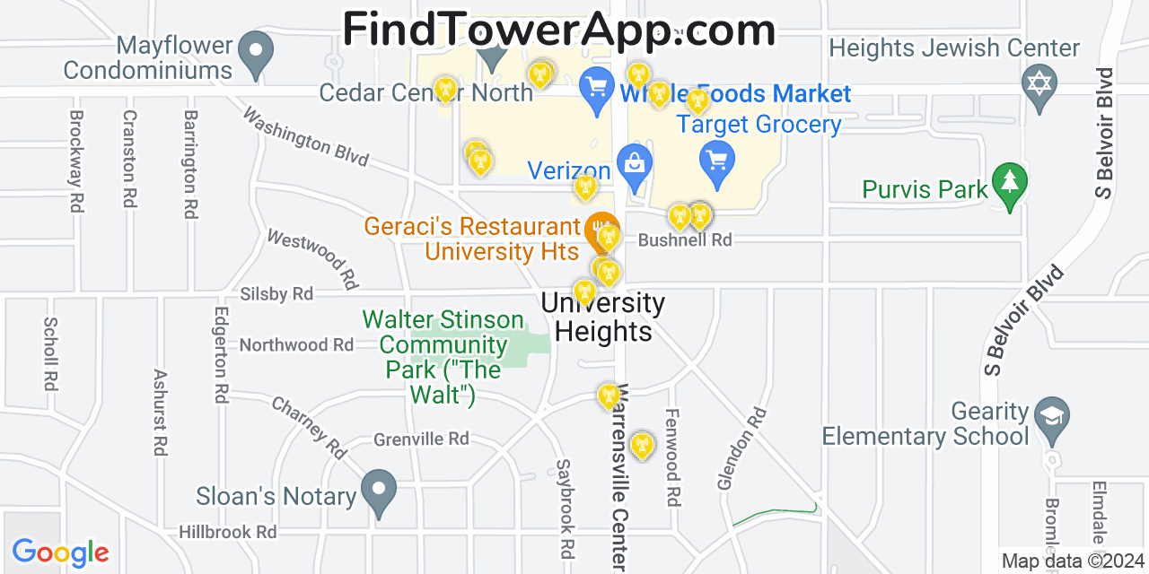 Verizon 4G/5G cell tower coverage map University Heights, Ohio