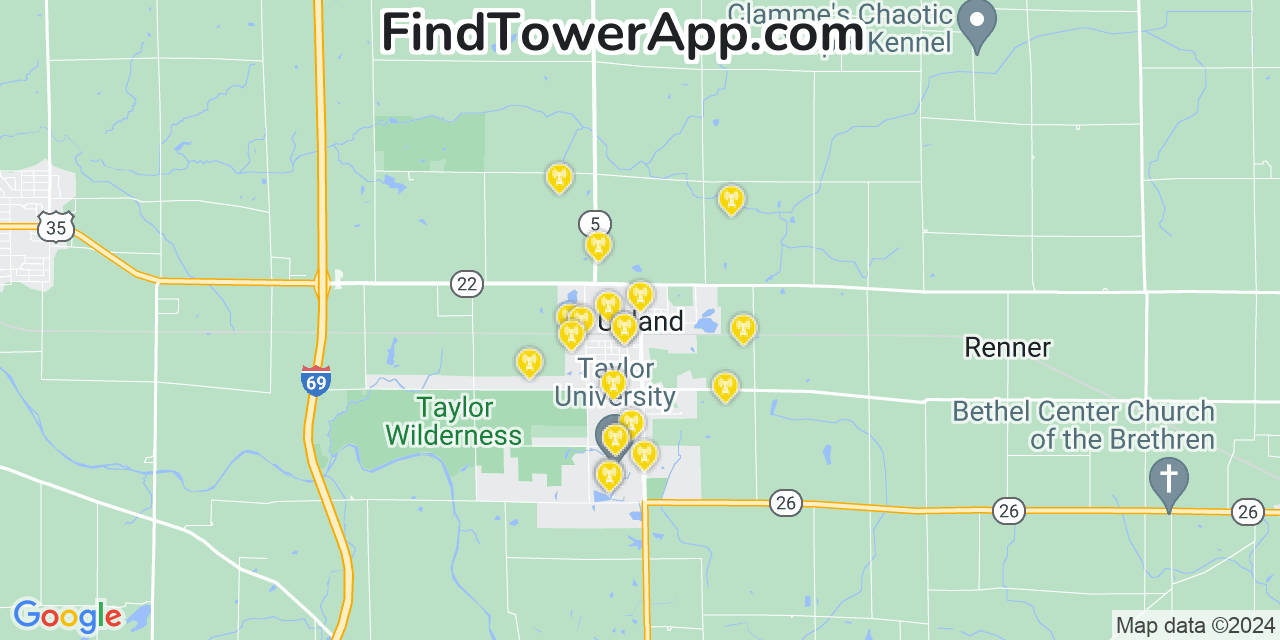 AT&T 4G/5G cell tower coverage map Upland, Indiana