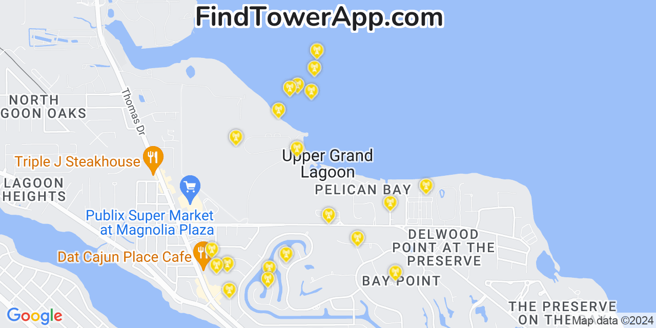 AT&T 4G/5G cell tower coverage map Upper Grand Lagoon, Florida