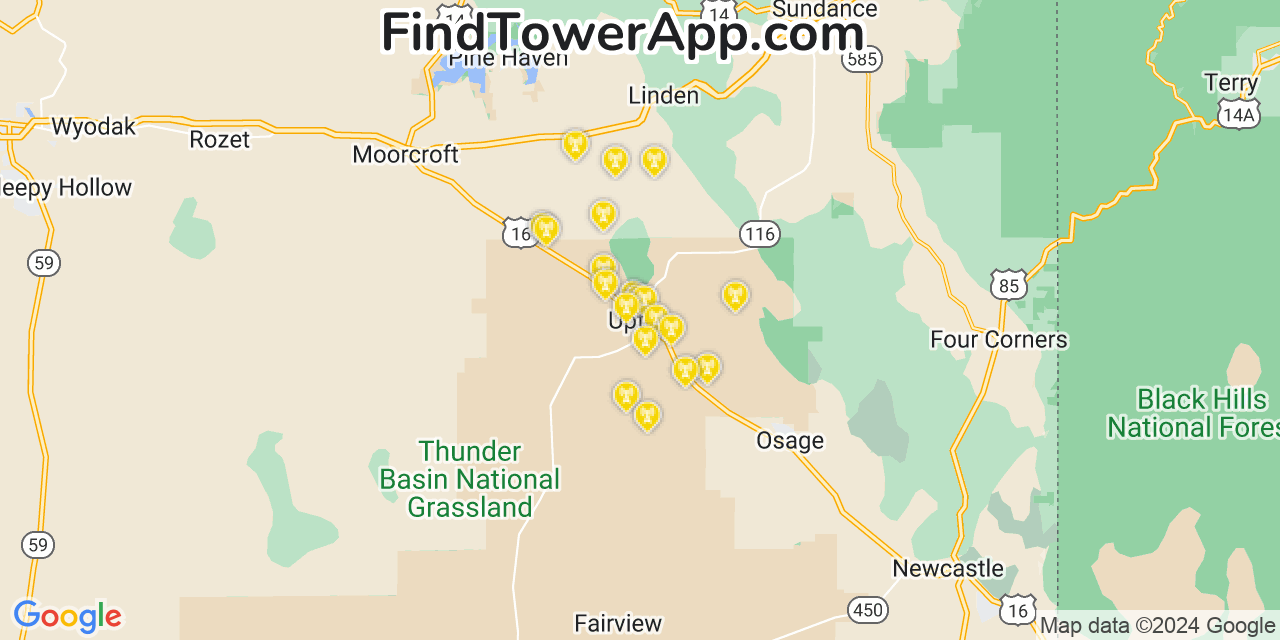 AT&T 4G/5G cell tower coverage map Upton, Wyoming