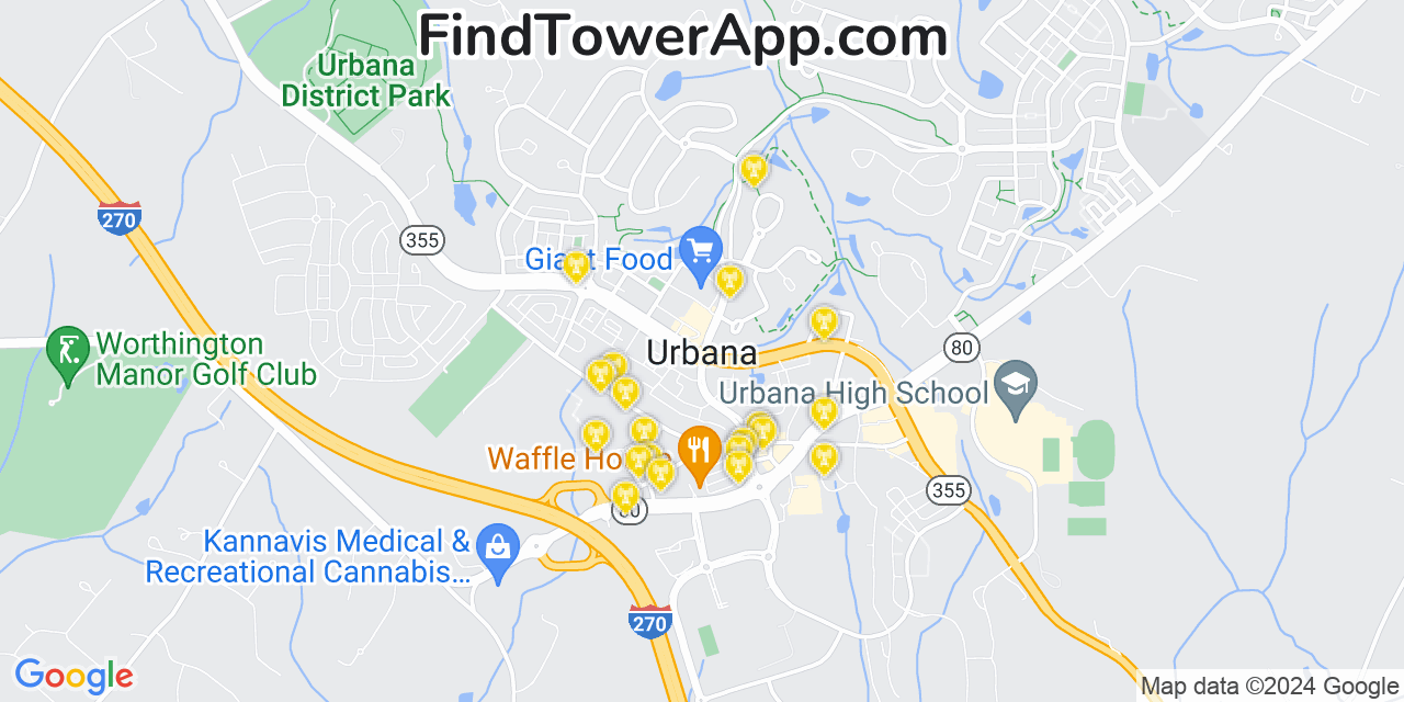 AT&T 4G/5G cell tower coverage map Urbana, Maryland