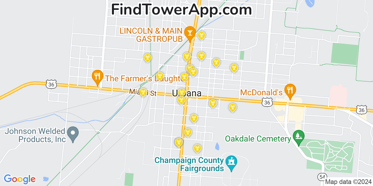 AT&T 4G/5G cell tower coverage map Urbana, Ohio