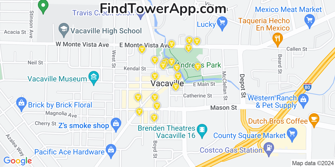 AT&T 4G/5G cell tower coverage map Vacaville, California
