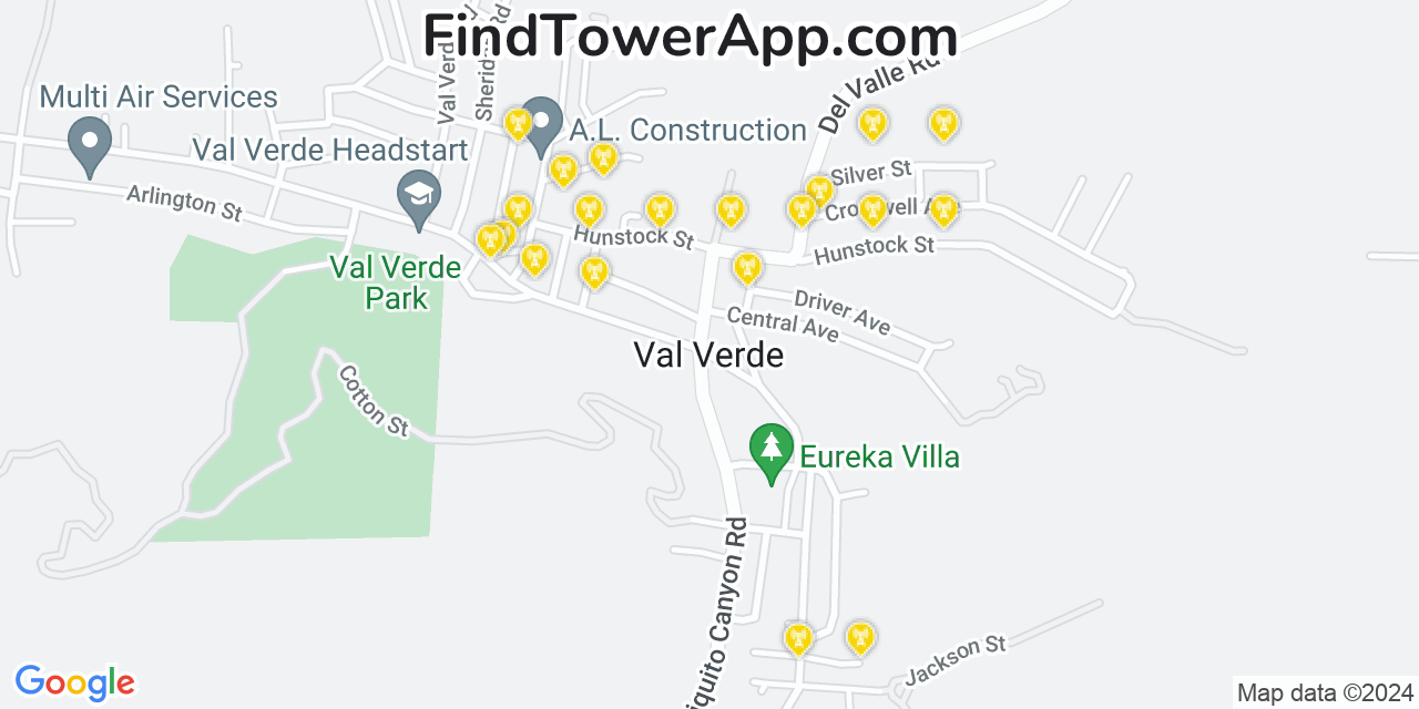 AT&T 4G/5G cell tower coverage map Val Verde, California