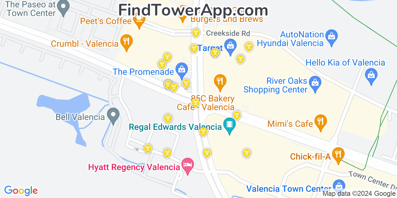AT&T 4G/5G cell tower coverage map Valencia, California