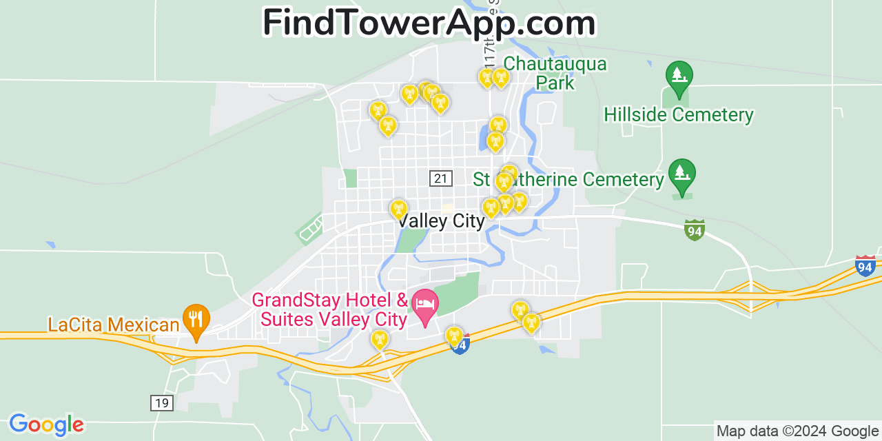 AT&T 4G/5G cell tower coverage map Valley City, North Dakota