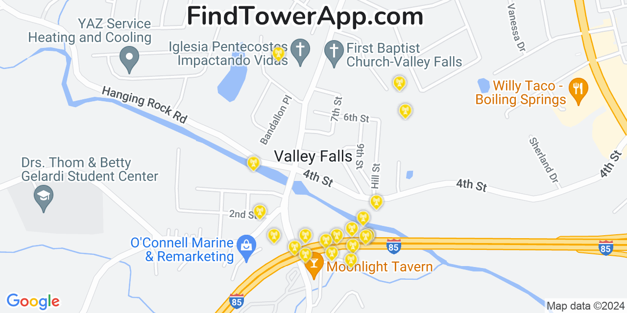 AT&T 4G/5G cell tower coverage map Valley Falls, South Carolina