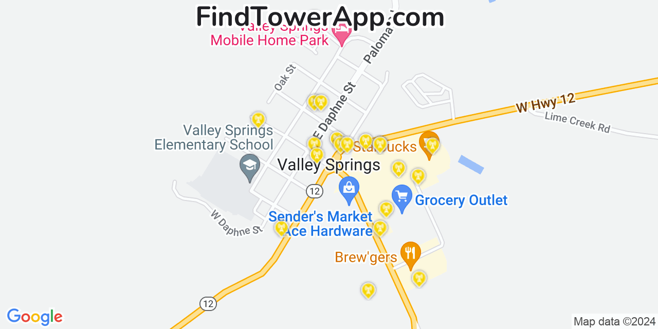 AT&T 4G/5G cell tower coverage map Valley Springs, California