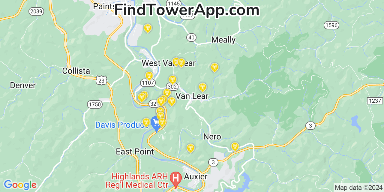 AT&T 4G/5G cell tower coverage map Van Lear, Kentucky