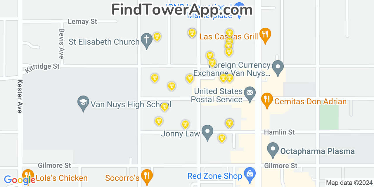 AT&T 4G/5G cell tower coverage map Van Nuys, California