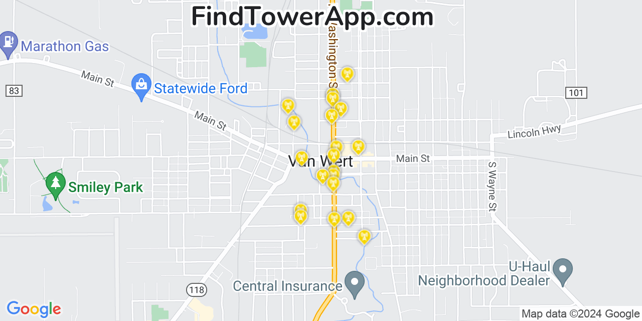 AT&T 4G/5G cell tower coverage map Van Wert, Ohio