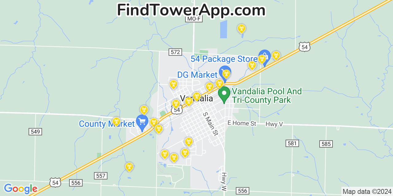 AT&T 4G/5G cell tower coverage map Vandalia, Missouri