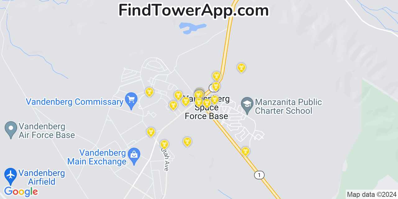 Verizon 4G/5G cell tower coverage map Vandenberg Air Force Base, California