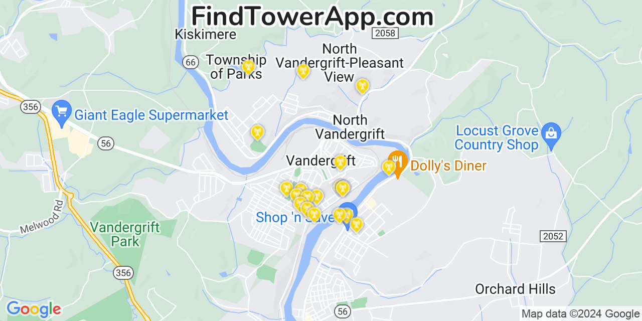 AT&T 4G/5G cell tower coverage map Vandergrift, Pennsylvania