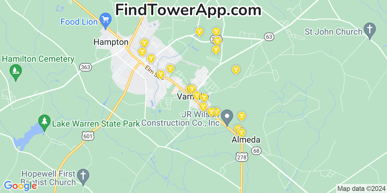 AT&T 4G/5G cell tower coverage map Varnville, South Carolina