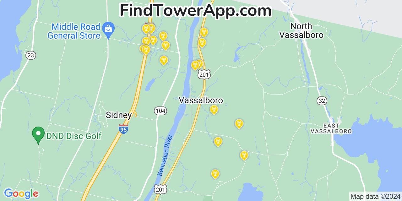 AT&T 4G/5G cell tower coverage map Vassalboro, Maine