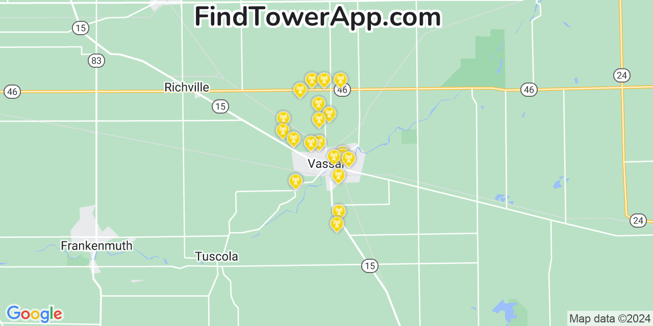 AT&T 4G/5G cell tower coverage map Vassar, Michigan