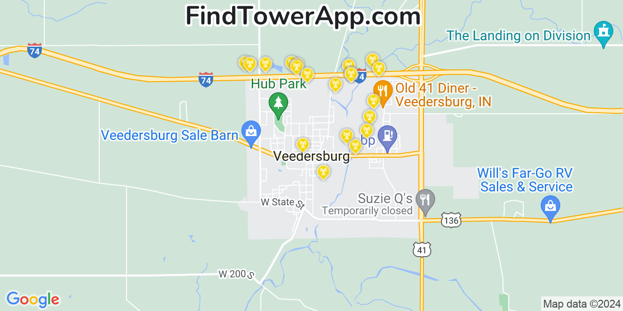 AT&T 4G/5G cell tower coverage map Veedersburg, Indiana