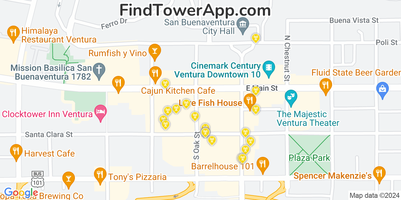 AT&T 4G/5G cell tower coverage map Ventura, California