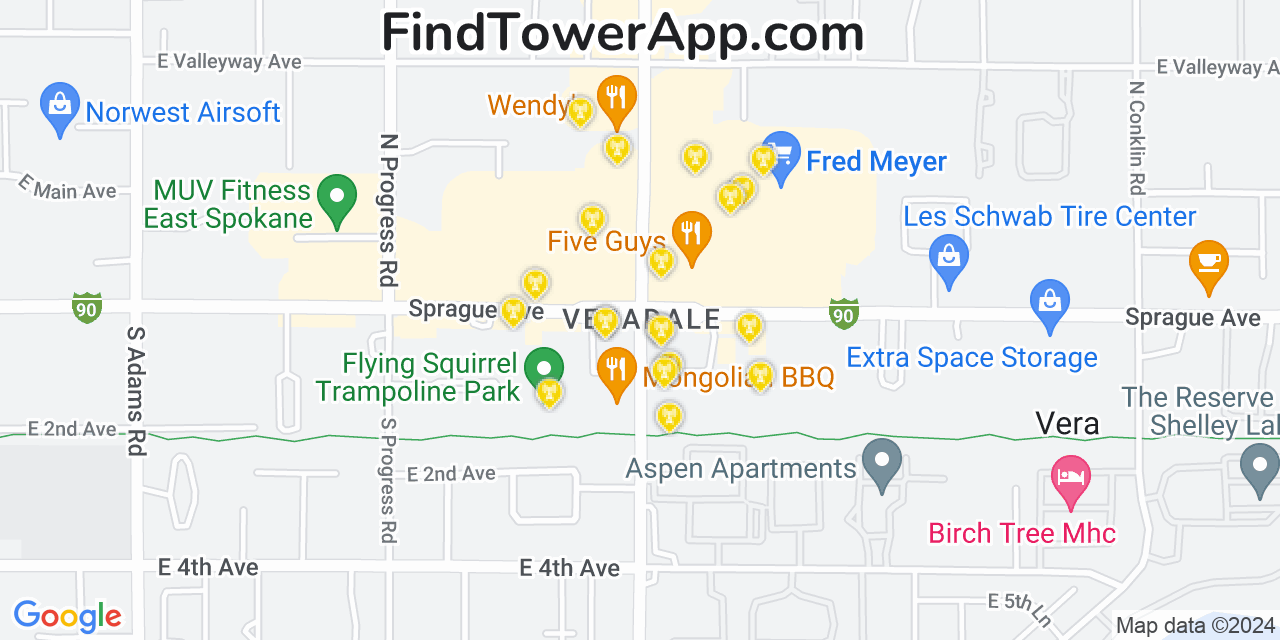 AT&T 4G/5G cell tower coverage map Veradale, Washington