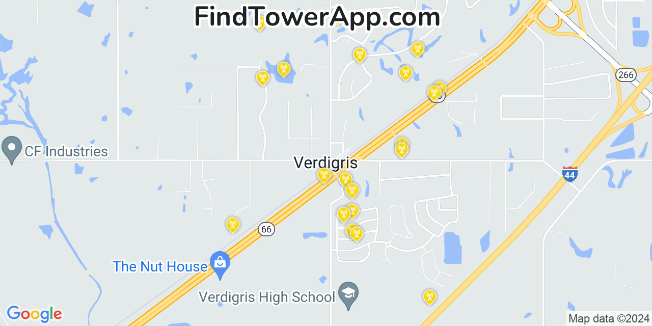 AT&T 4G/5G cell tower coverage map Verdigris, Oklahoma
