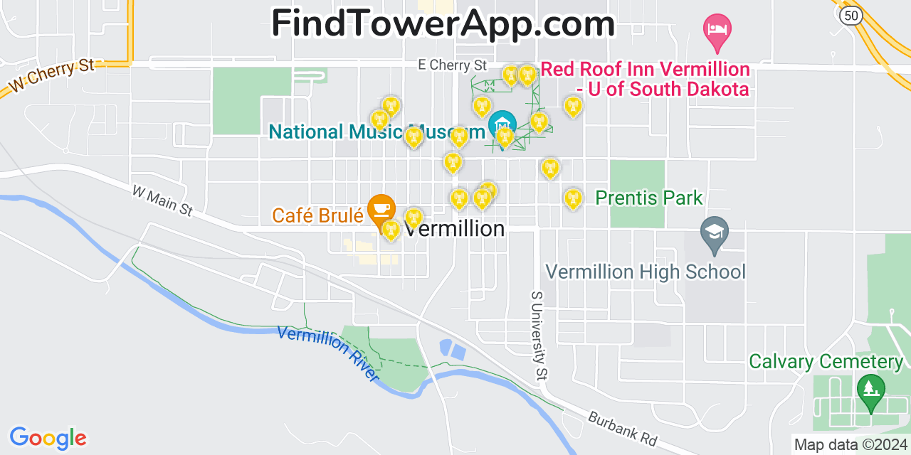 AT&T 4G/5G cell tower coverage map Vermillion, South Dakota