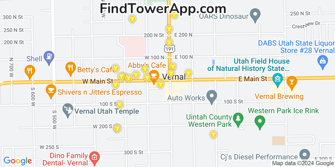 AT&T 4G/5G cell tower coverage map Vernal, Utah