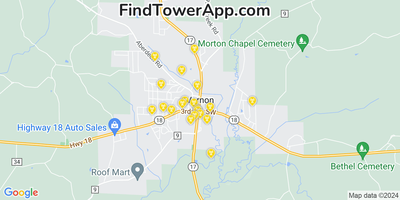 Verizon 4G/5G cell tower coverage map Vernon, Alabama