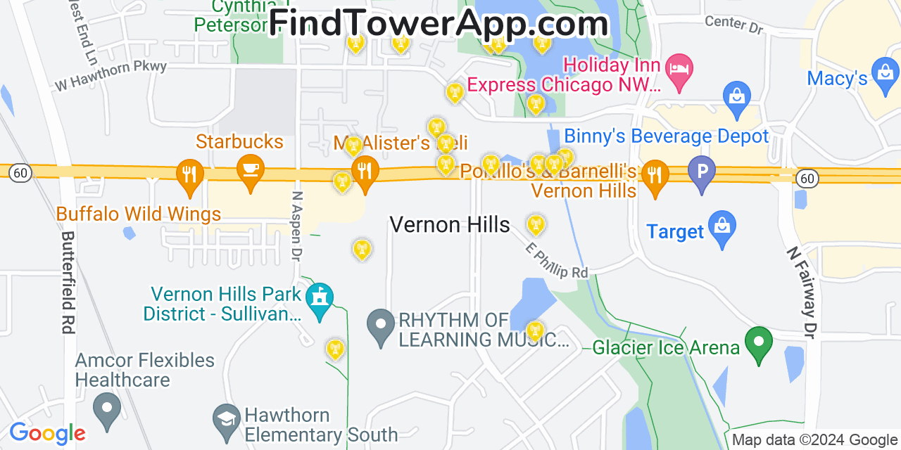 AT&T 4G/5G cell tower coverage map Vernon Hills, Illinois