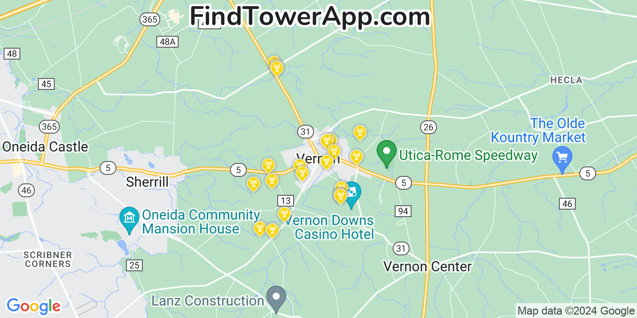 AT&T 4G/5G cell tower coverage map Vernon, New York