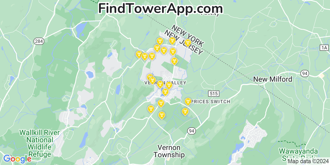 AT&T 4G/5G cell tower coverage map Vernon Valley, New Jersey