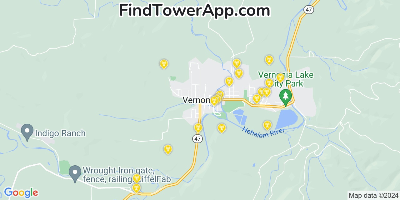 AT&T 4G/5G cell tower coverage map Vernonia, Oregon