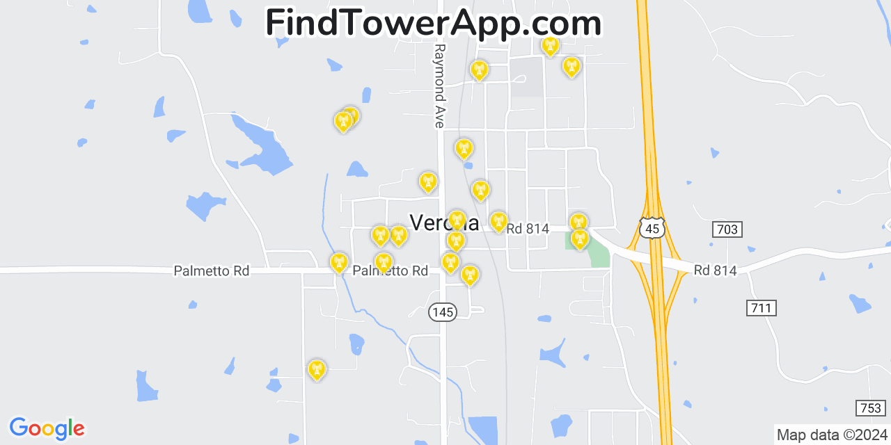 AT&T 4G/5G cell tower coverage map Verona, Mississippi