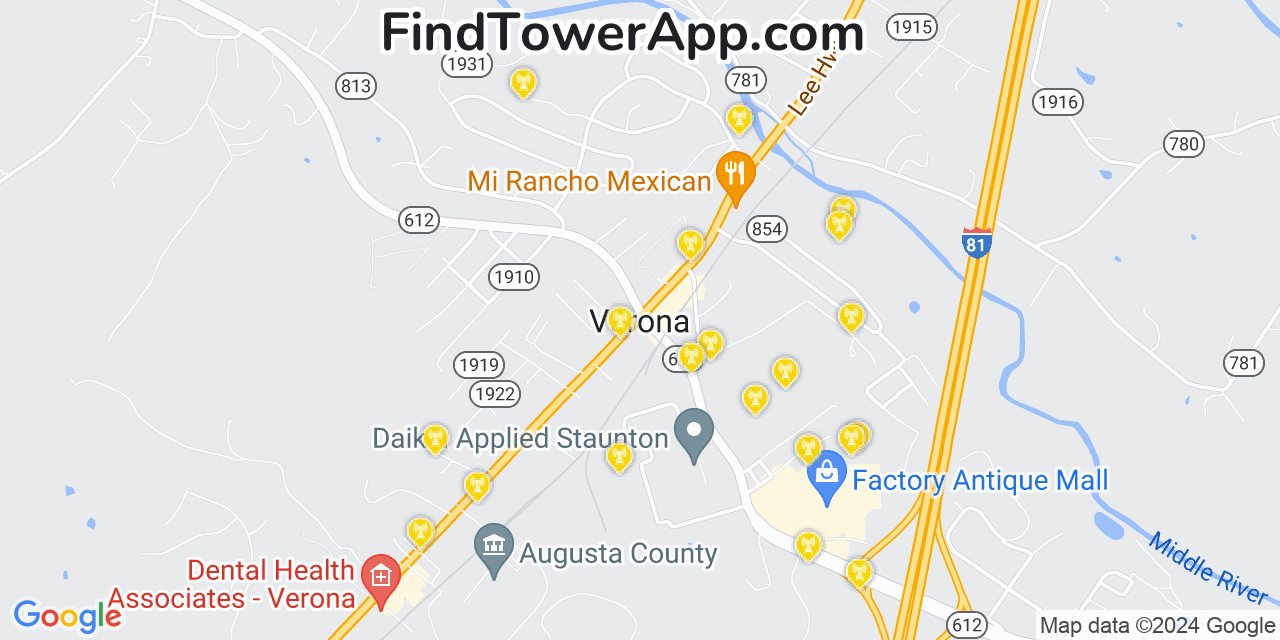 AT&T 4G/5G cell tower coverage map Verona, Virginia