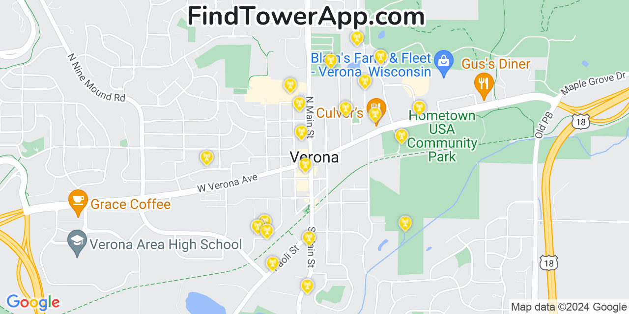 AT&T 4G/5G cell tower coverage map Verona, Wisconsin