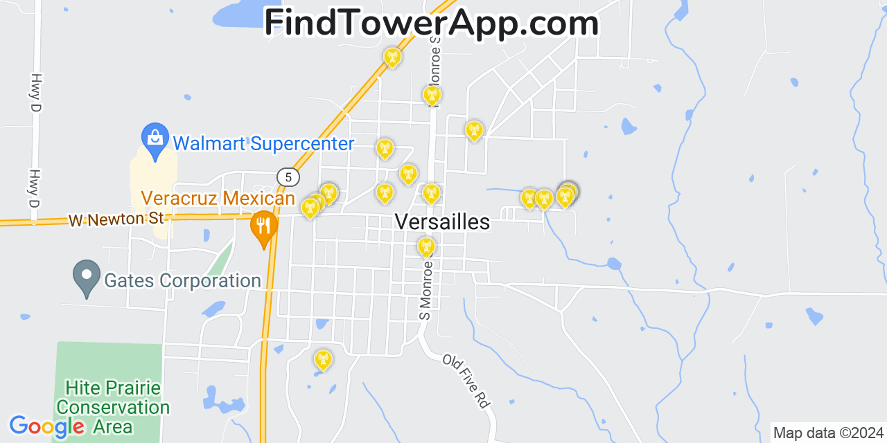AT&T 4G/5G cell tower coverage map Versailles, Missouri