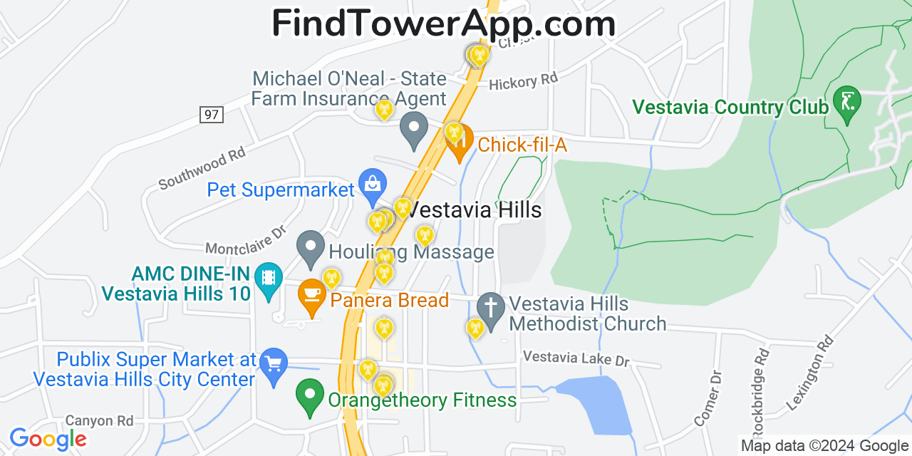 AT&T 4G/5G cell tower coverage map Vestavia Hills, Alabama