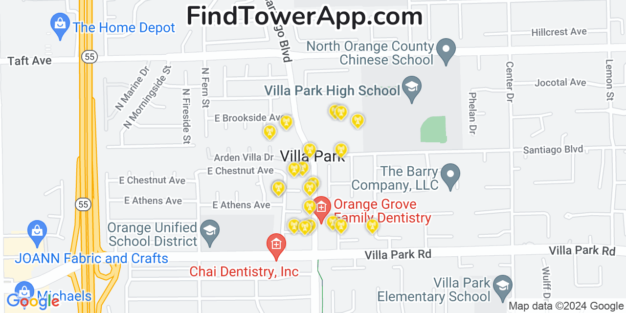 Verizon 4G/5G cell tower coverage map Villa Park, California