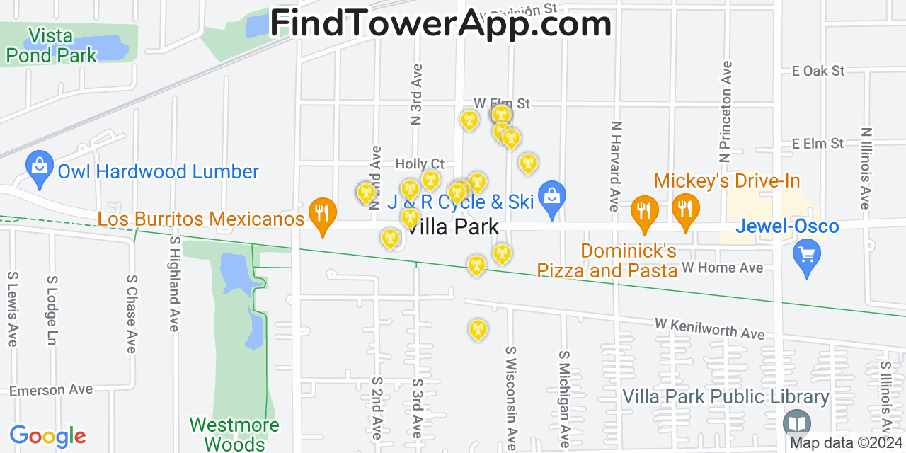 AT&T 4G/5G cell tower coverage map Villa Park, Illinois