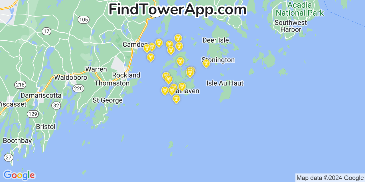 AT&T 4G/5G cell tower coverage map Vinalhaven, Maine
