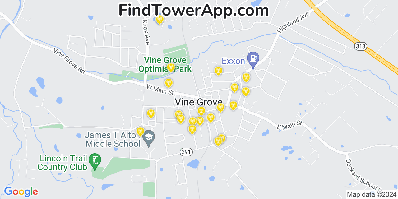 AT&T 4G/5G cell tower coverage map Vine Grove, Kentucky
