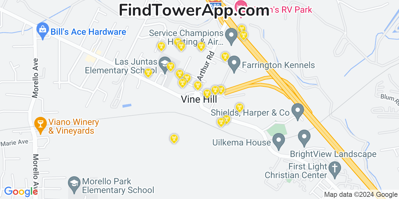 AT&T 4G/5G cell tower coverage map Vine Hill, California