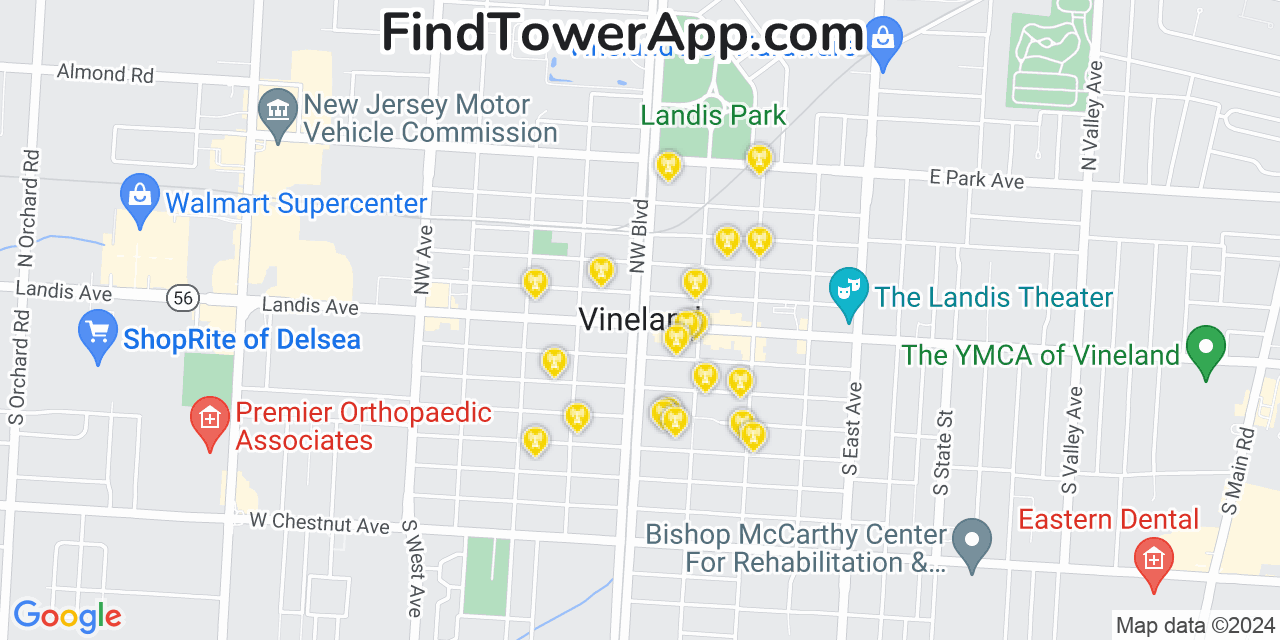 AT&T 4G/5G cell tower coverage map Vineland, New Jersey