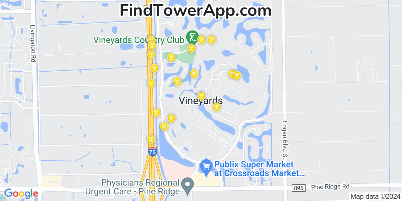 Verizon 4G/5G cell tower coverage map Vineyards, Florida