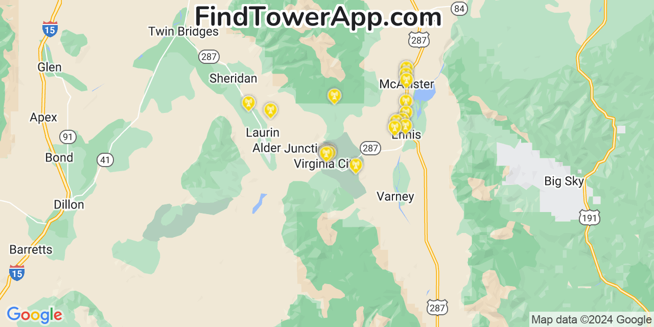 Verizon 4G/5G cell tower coverage map Virginia City, Montana