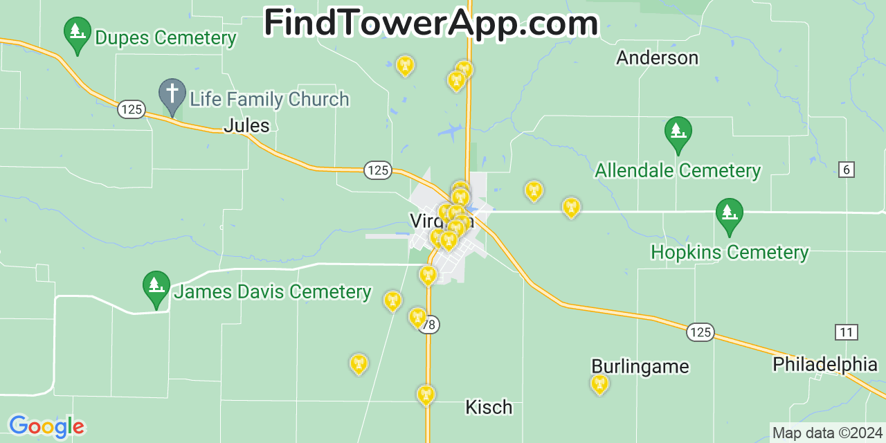 AT&T 4G/5G cell tower coverage map Virginia, Illinois