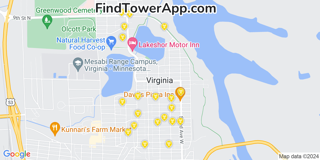 AT&T 4G/5G cell tower coverage map Virginia, Minnesota